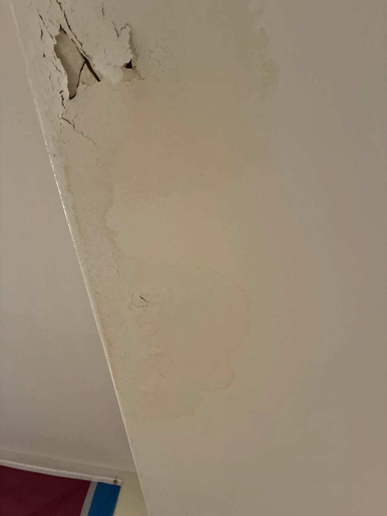 Water damage bubbling the paint on a wall and the trim